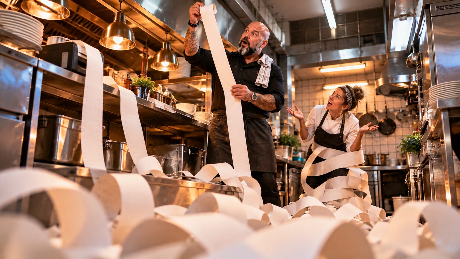 René Kaplick hält in einer Restaurantküche einen endlosen Bonstreifen hoch, eine Köchin steht bis zu den Knien in Papierschlaufen
