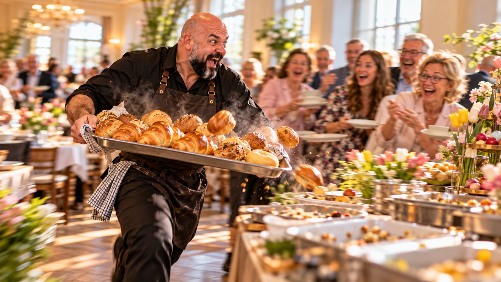 René Kaplick sprintet mit einem Blech frischer Croissants durch einen vollen Brunchsaal, die wartenden Gäste jubeln