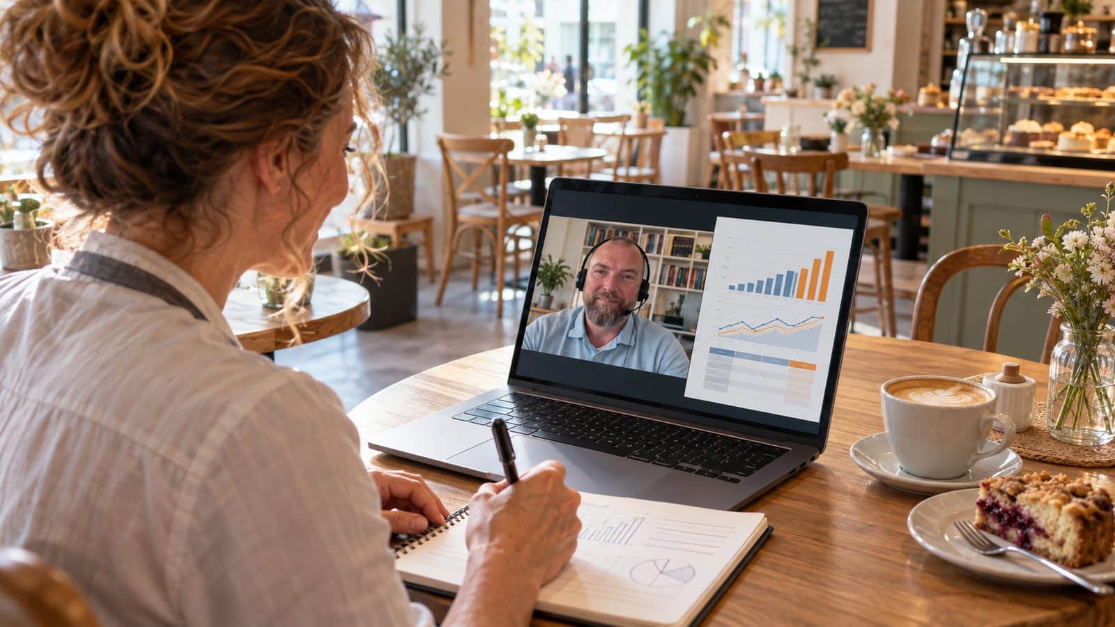 Eine Hotelière sitzt mit Notizblock vor dem Laptop und bespricht im Videocall mit René Kaplick die Auswertung ihrer BWA, auf dem Bildschirm ein Diagramm
