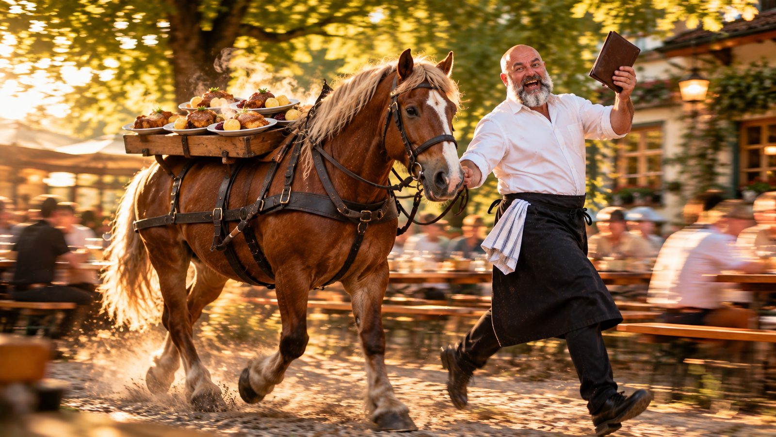 René Kaplick läuft im Biergarten neben einem Kaltblutpferd mit Tellern auf dem Rücken und hält ihm die Rechnungsmappe hin