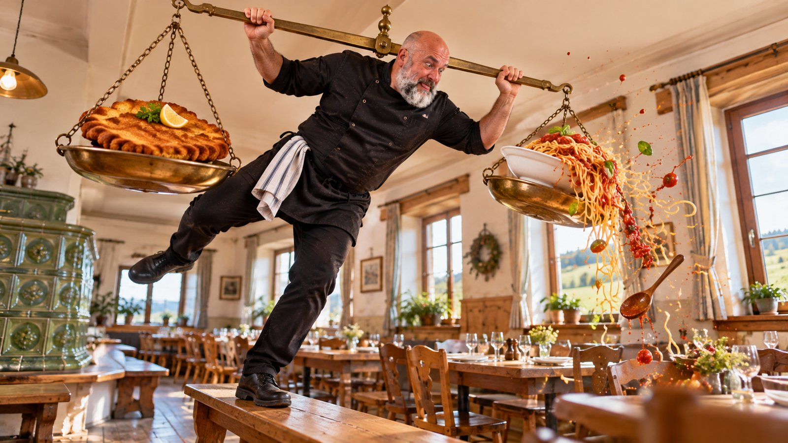 René Kaplick balanciert in einem Landgasthof eine Waage mit Schnitzel und kippender Pasta als Bild für den Deckungsbeitrag pro Gericht
