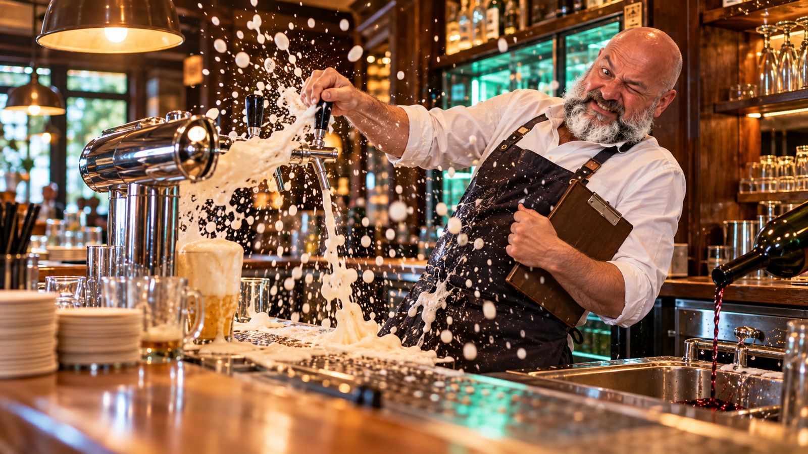 René Kaplick hinter dem Tresen einer Kneipe, ein Zapfhahn spritzt Bierschaum, daneben läuft Wein in die Spüle
