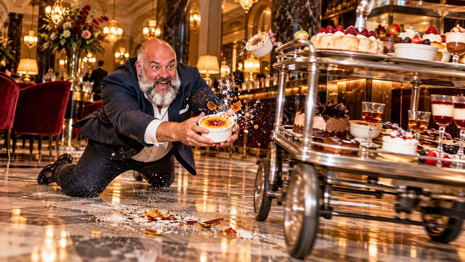 René Kaplick rutscht in einer Hotelbar auf den Knien einem davonrollenden Dessertwagen hinterher und fängt eine Crème brûlée