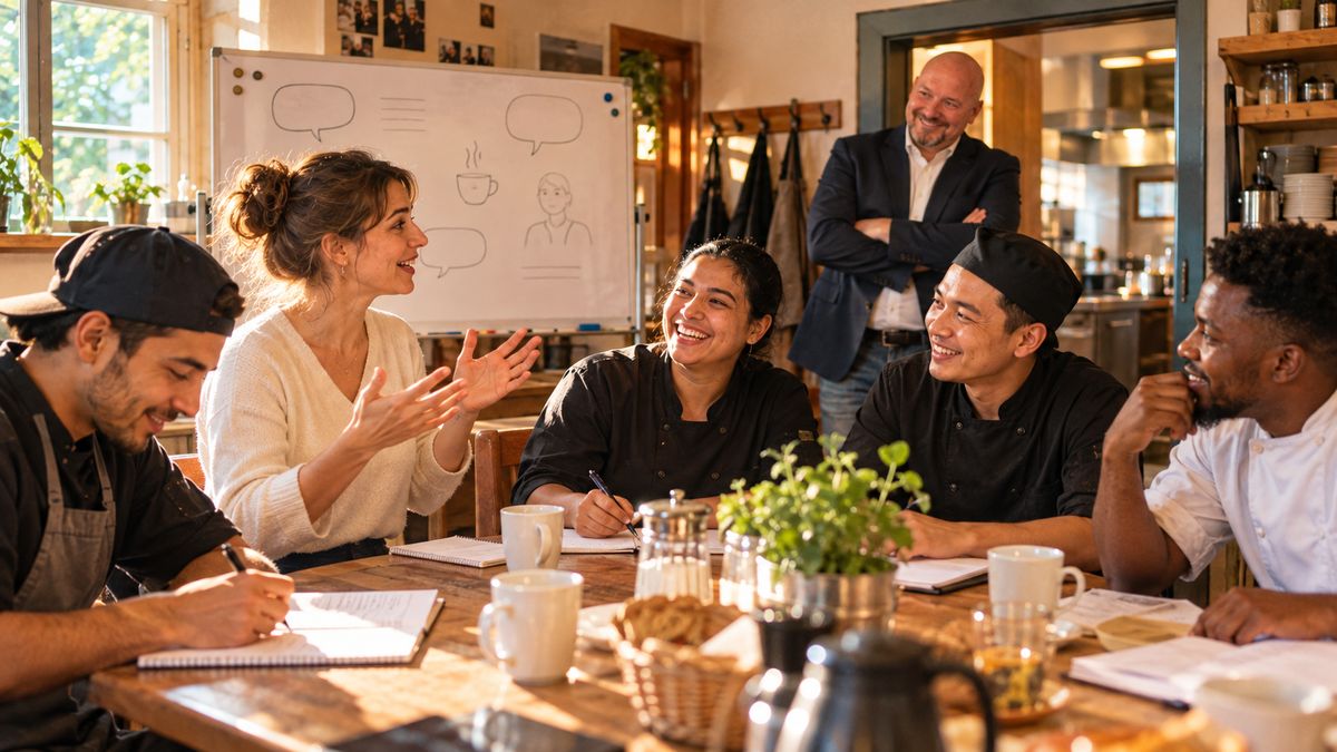 Internationales Restaurantteam lernt nach der Schicht im Personalraum Deutsch, René Kaplick schaut lächelnd im Türrahmen zu