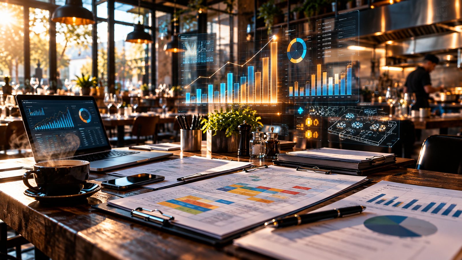 Dienstplan und Umsatzauswertung auf dem Tisch eines Restaurantbüros