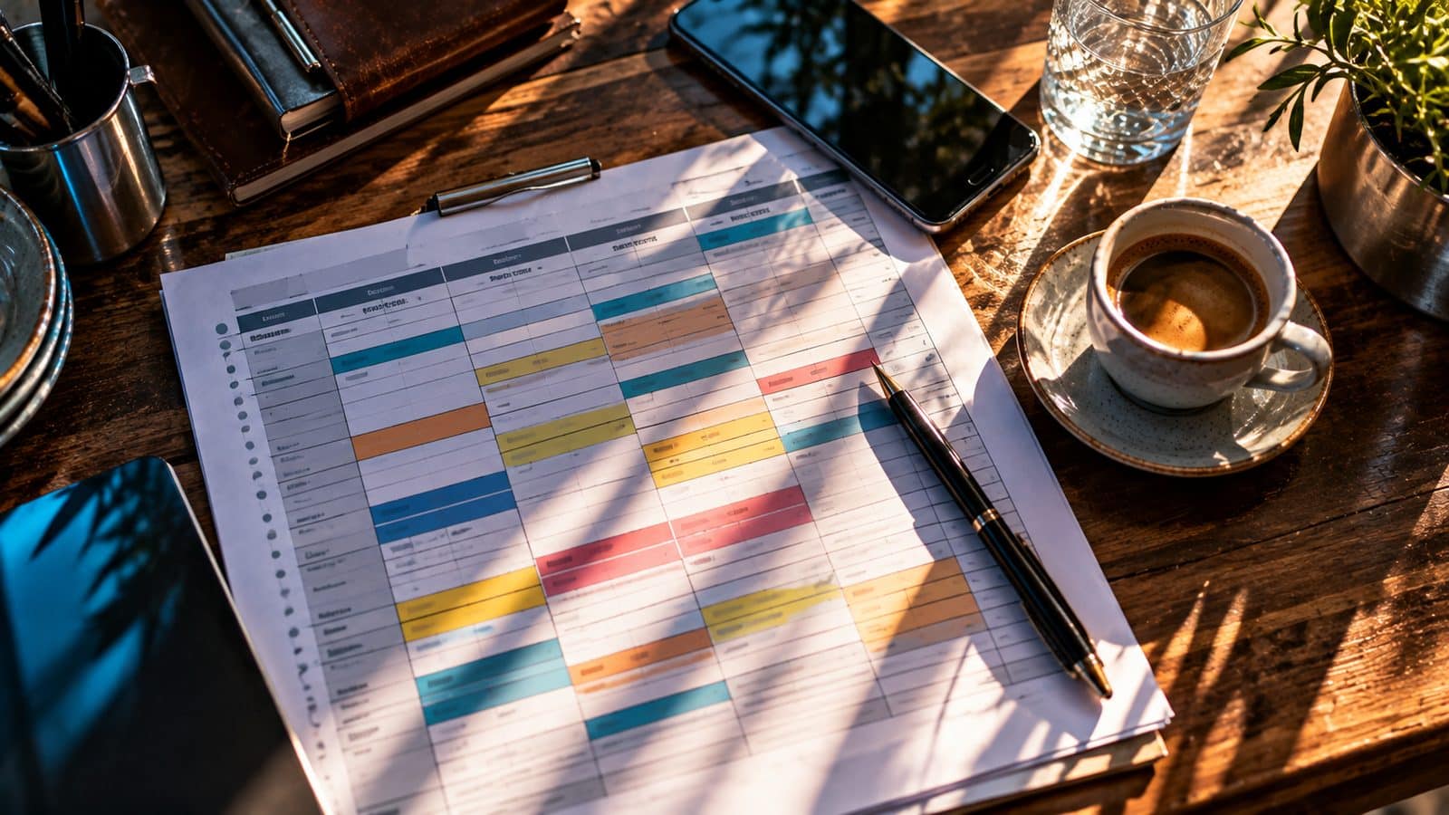 Ausgedruckter Wochen-Dienstplan mit farbigen Markierungen, daneben Espresso und Stift im Morgenlicht
