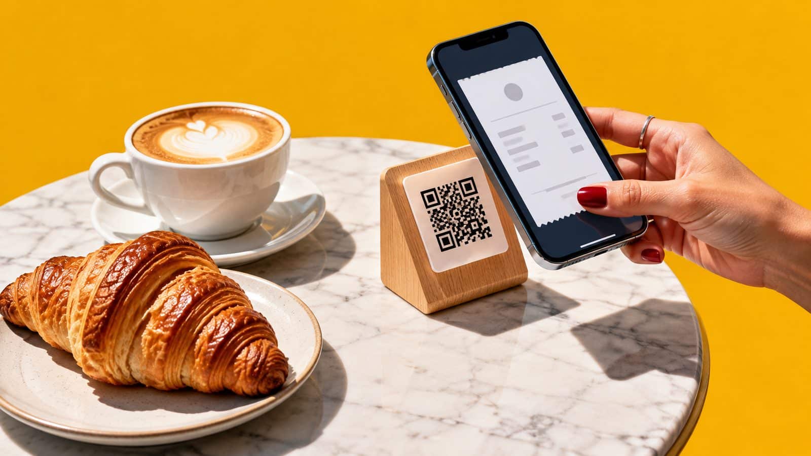 Hand scannt mit dem Smartphone einen QR-Code am Bistrotisch, auf dem Display erscheint ein digitaler Beleg