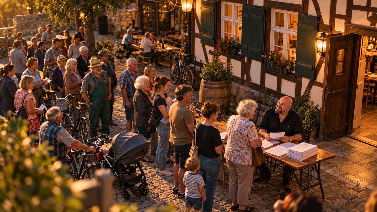 Dorfbewohner mit Kindern und Senioren stehen am Abend vor einem beleuchteten Dorfwirtshaus und warten auf die Eröffnung