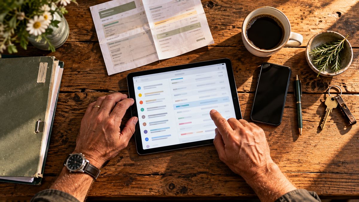 Wirt sortiert am Holztisch im Landgasthof Rechnungen im E-Mail-Postfach auf dem Tablet, daneben Lieferschein und Kaffee