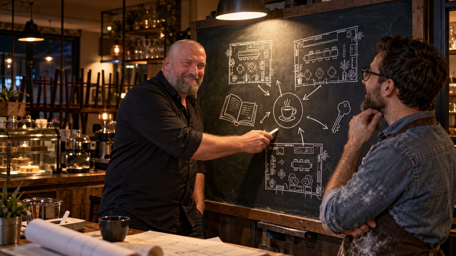 René Kaplick skizziert mit einem Café-Inhaber an der Kreidetafel, wie aus einem Café ein System mit mehreren Standorten wird