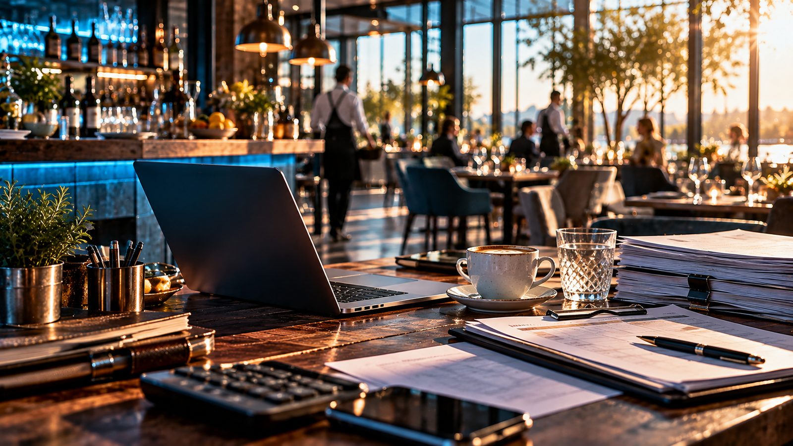 Restaurantbüro mit Laptop, Unterlagen und Taschenrechner, im Hintergrund der Gastraum am Abend