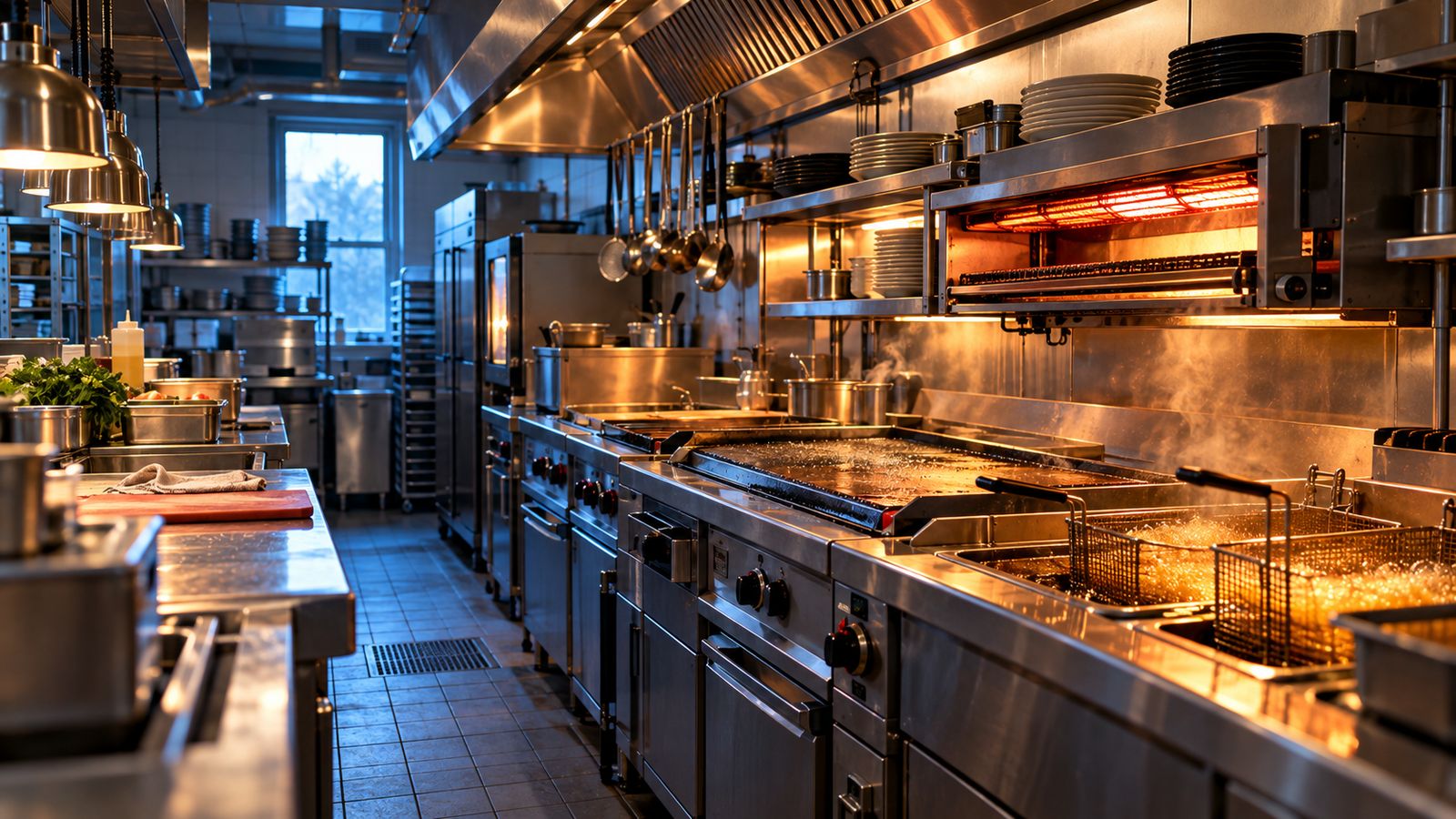 Leere Restaurantküche am frühen Morgen, Fritteusen, Grillplatte und Salamander laufen bereits ohne Personal