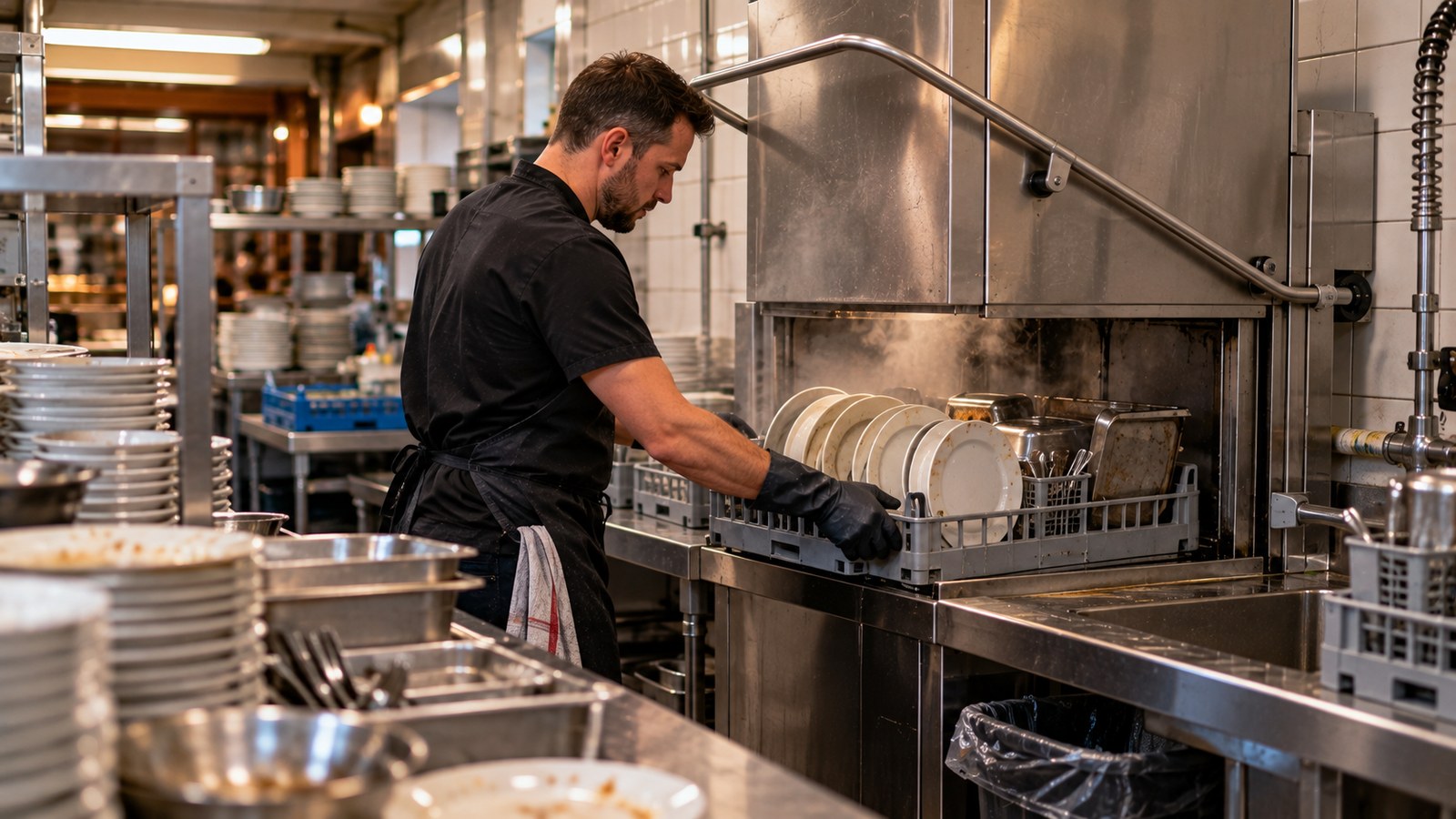 Spüler schiebt in einer Restaurant-Spülküche einen vollen Geschirrkorb in eine Haubenspülmaschine, Dampf steigt auf