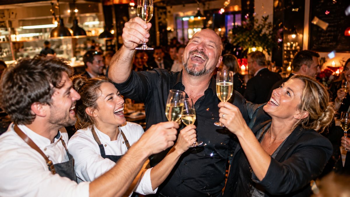 René Kaplick feiert mit einem Gründerpaar und der Bankberaterin die Eröffnung eines mit KfW-Kredit finanzierten Restaurants