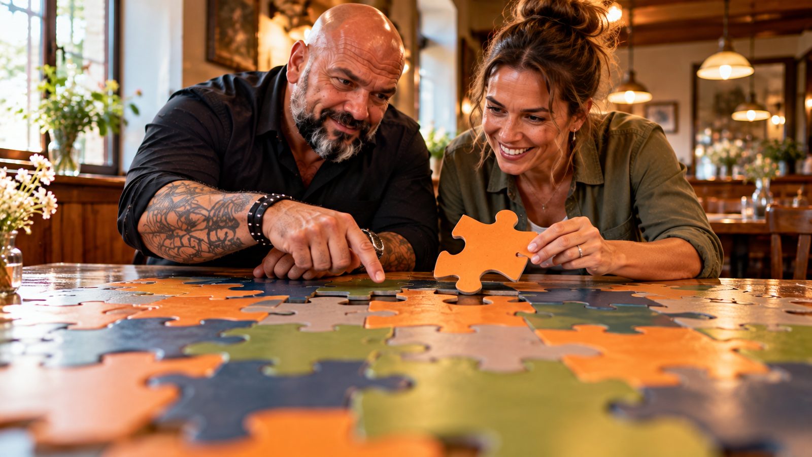 René Kaplick zeigt einer Gründerin die letzte Lücke in einem großen bunten Puzzle auf einem Gaststubentisch, sie hält das passende Teil