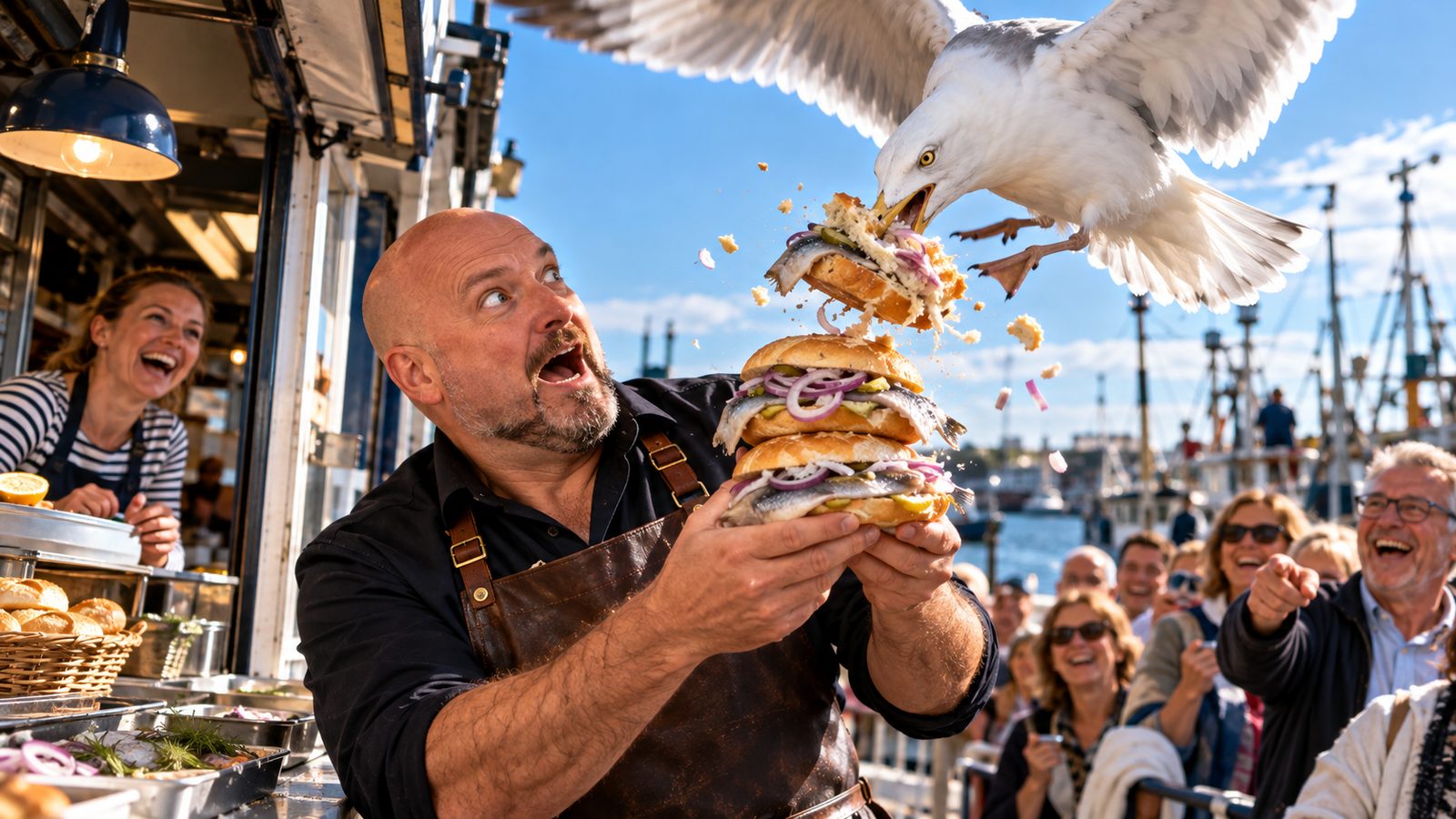 Eine Möwe schnappt sich am Hafenimbiss das oberste von drei Matjesbrötchen, die René Kaplick hochhält, die Gäste lachen
