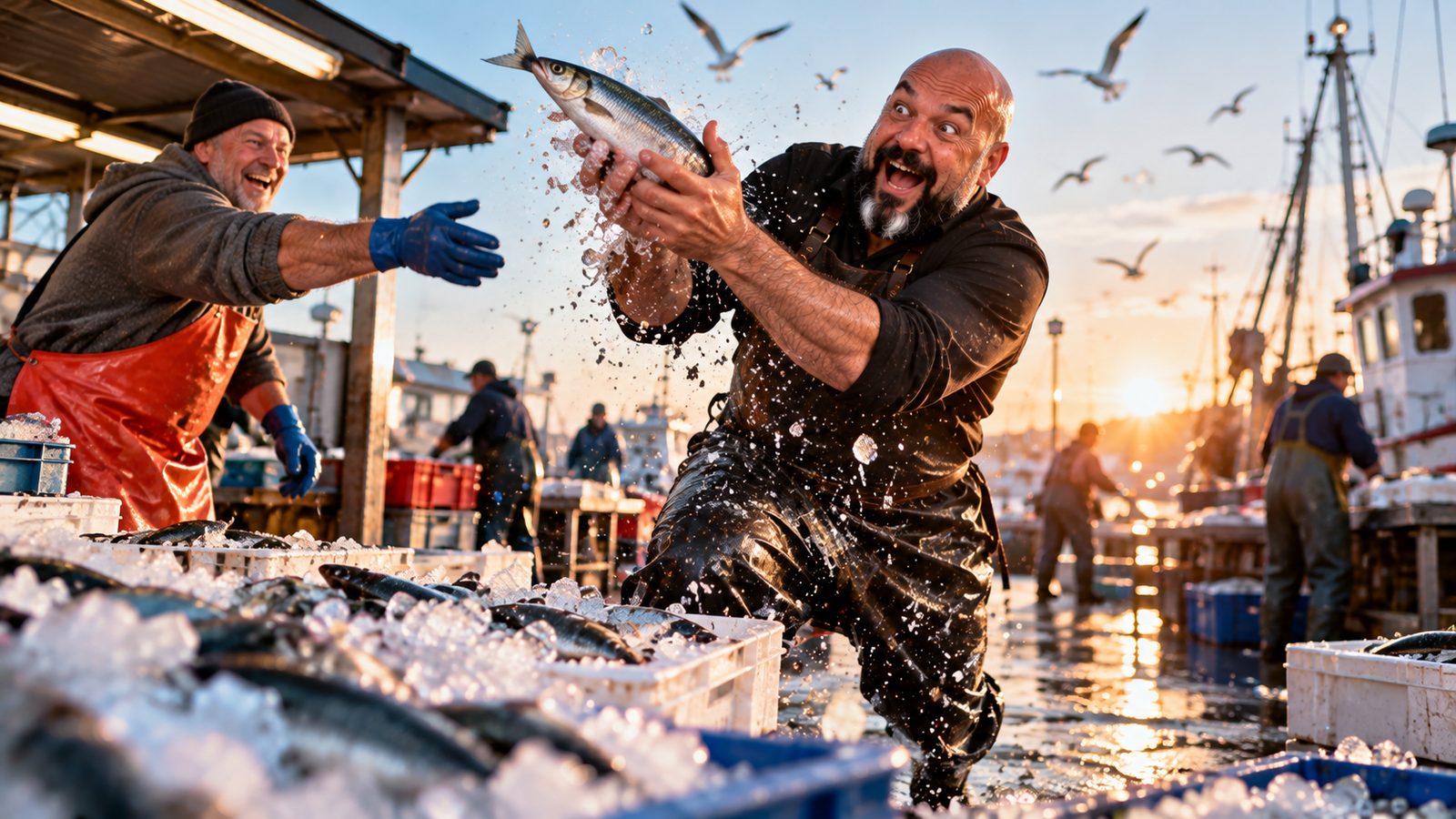 René Kaplick fängt auf einem Fischmarkt am frühen Morgen einen Hering, den ihm ein Fischhändler zuwirft, Wasser und Eis spritzen