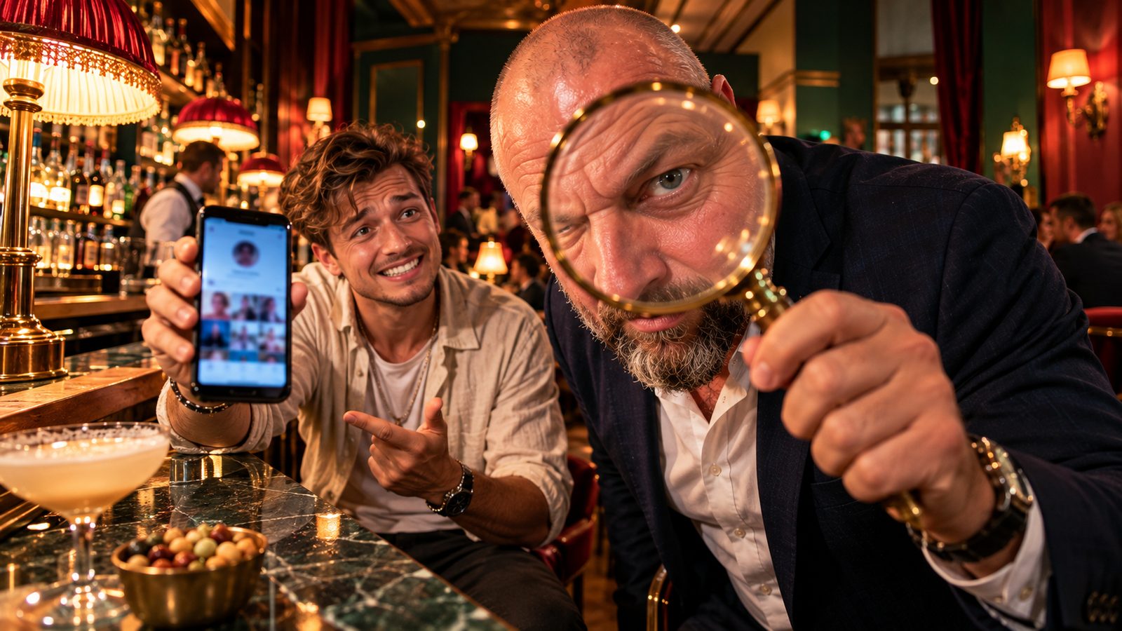 René Kaplick prüft mit einer großen Lupe das Smartphone eines jungen Influencers an einer Hotelbar