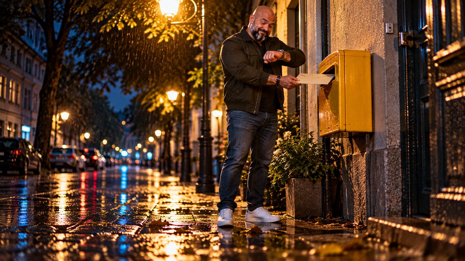 René Kaplick wirft nachts im Regen einen Umschlag in einen gelben Briefkasten und schaut erleichtert auf die Uhr