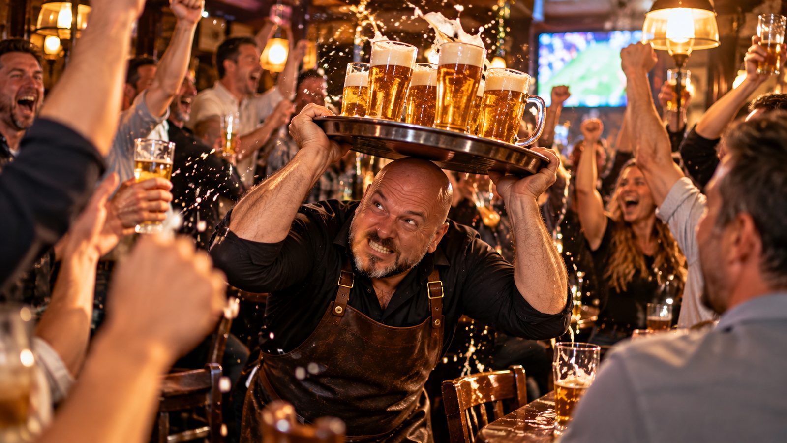 René Kaplick duckt sich bei einem Torjubel in einer vollen Kneipe mit einem Tablett voller Biergläser über dem Kopf