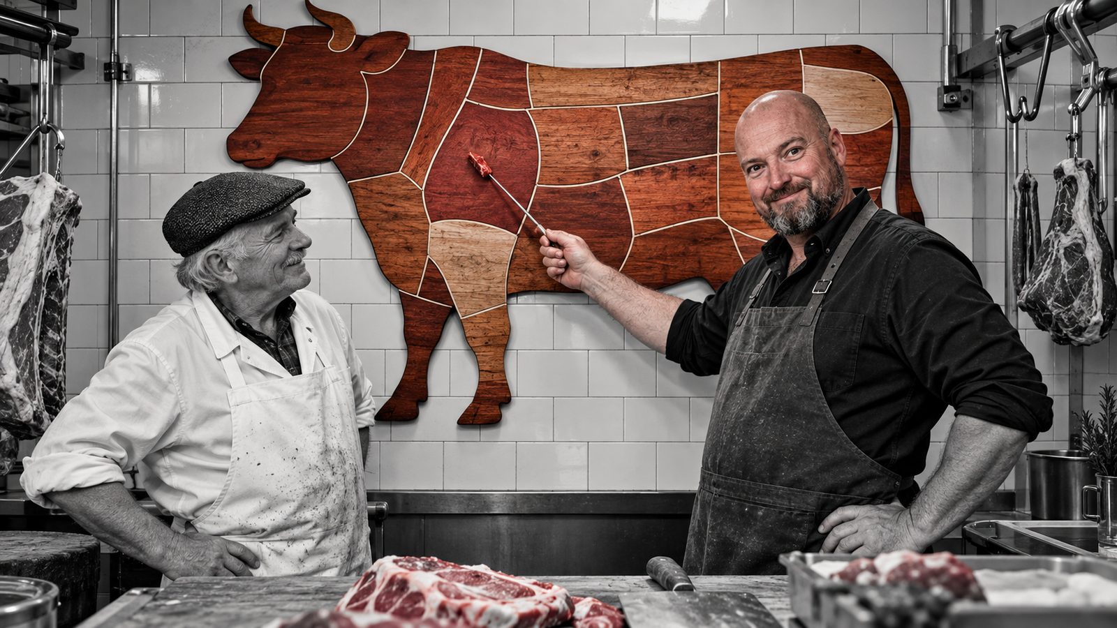 René Kaplick zeigt in einer Hofmetzgerei mit einem Spieß auf ein hölzernes Rinderschaubild, der Metzger schaut anerkennend