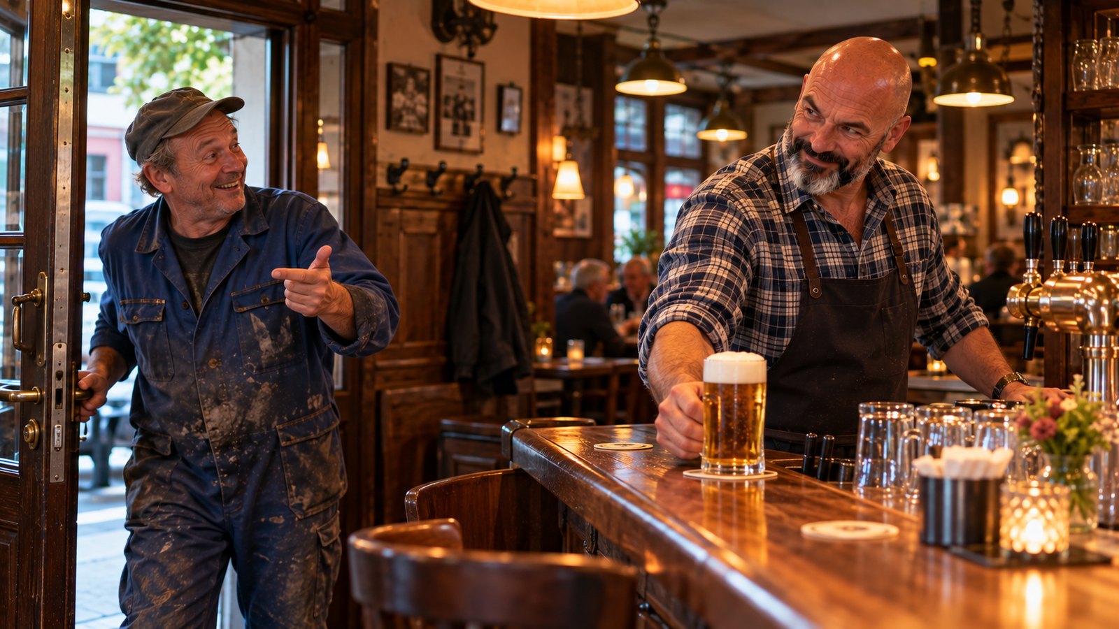 René Kaplick stellt in einer Eckkneipe ein frisch gezapftes Bier auf den Tresen, während ein Stammgast im Arbeitsanzug zur Tür hereinkommt und lachend auf das Glas zeigt