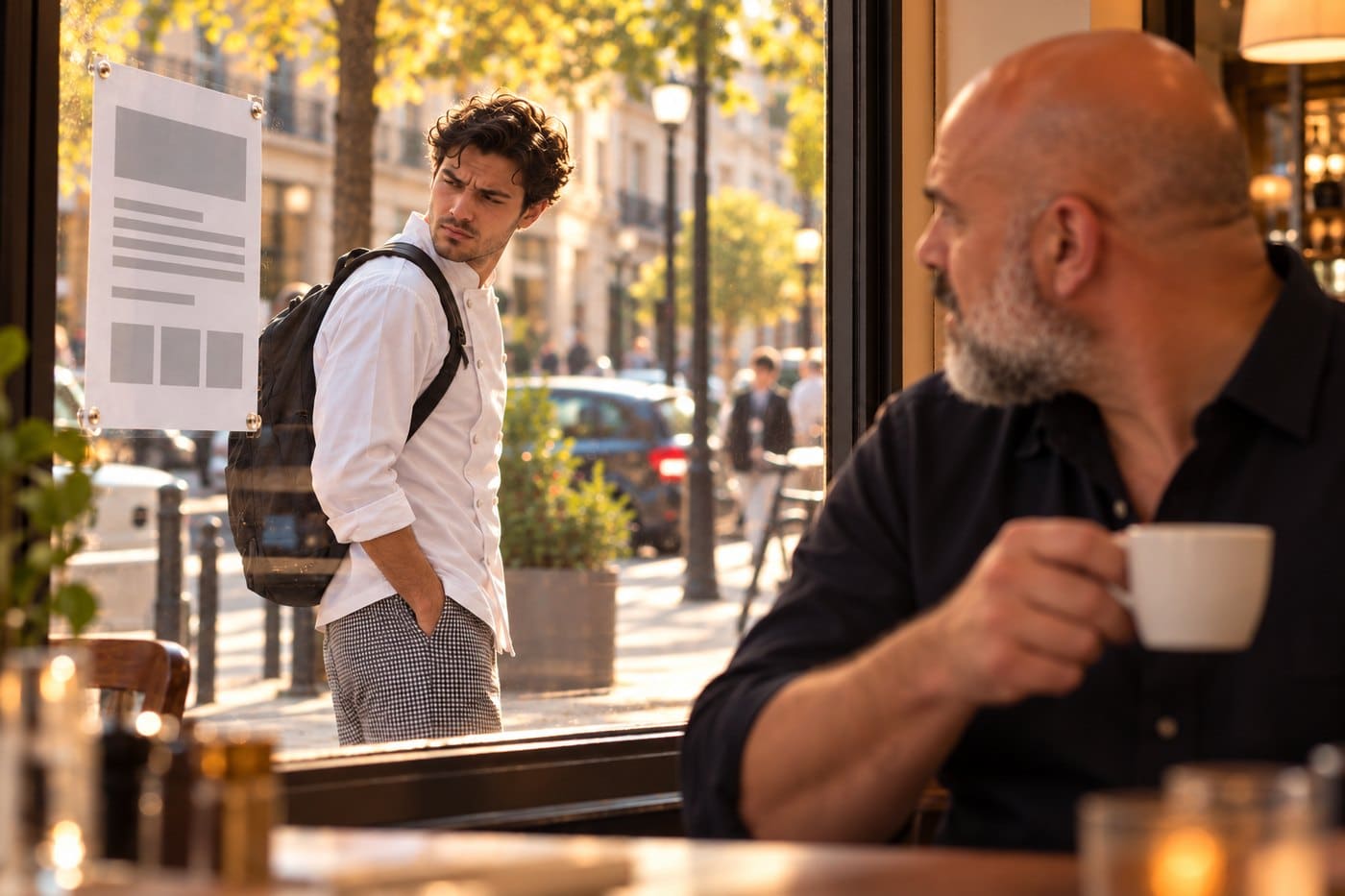 Junger Koch liest einen Aushang ohne Gehaltsangabe vor einem Restaurant und geht weiter