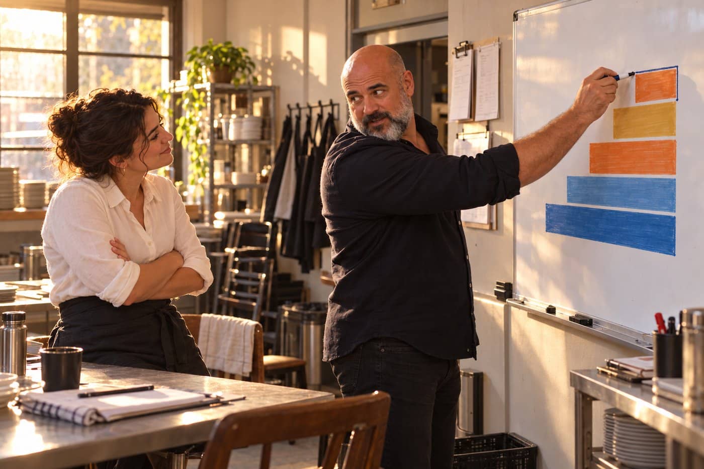 René Kaplick zeichnet einer Restaurantinhaberin Gehaltsspannen für ihre Positionen auf ein Whiteboard