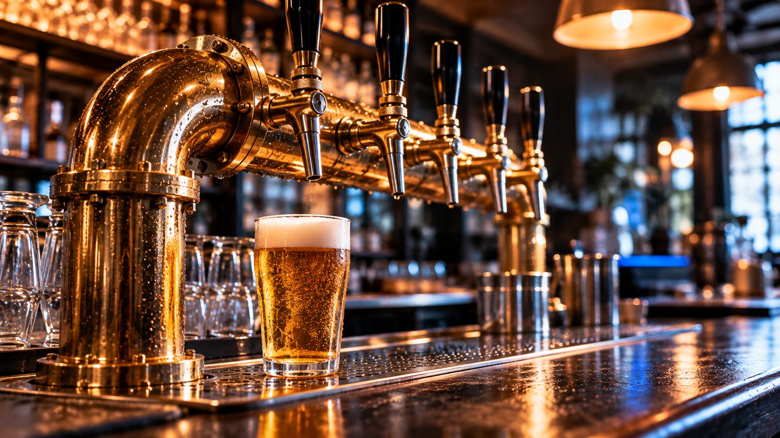 Messing-Zapfanlage mit mehreren Hähnen und einem frisch gezapften Bier auf einem dunklen Tresen