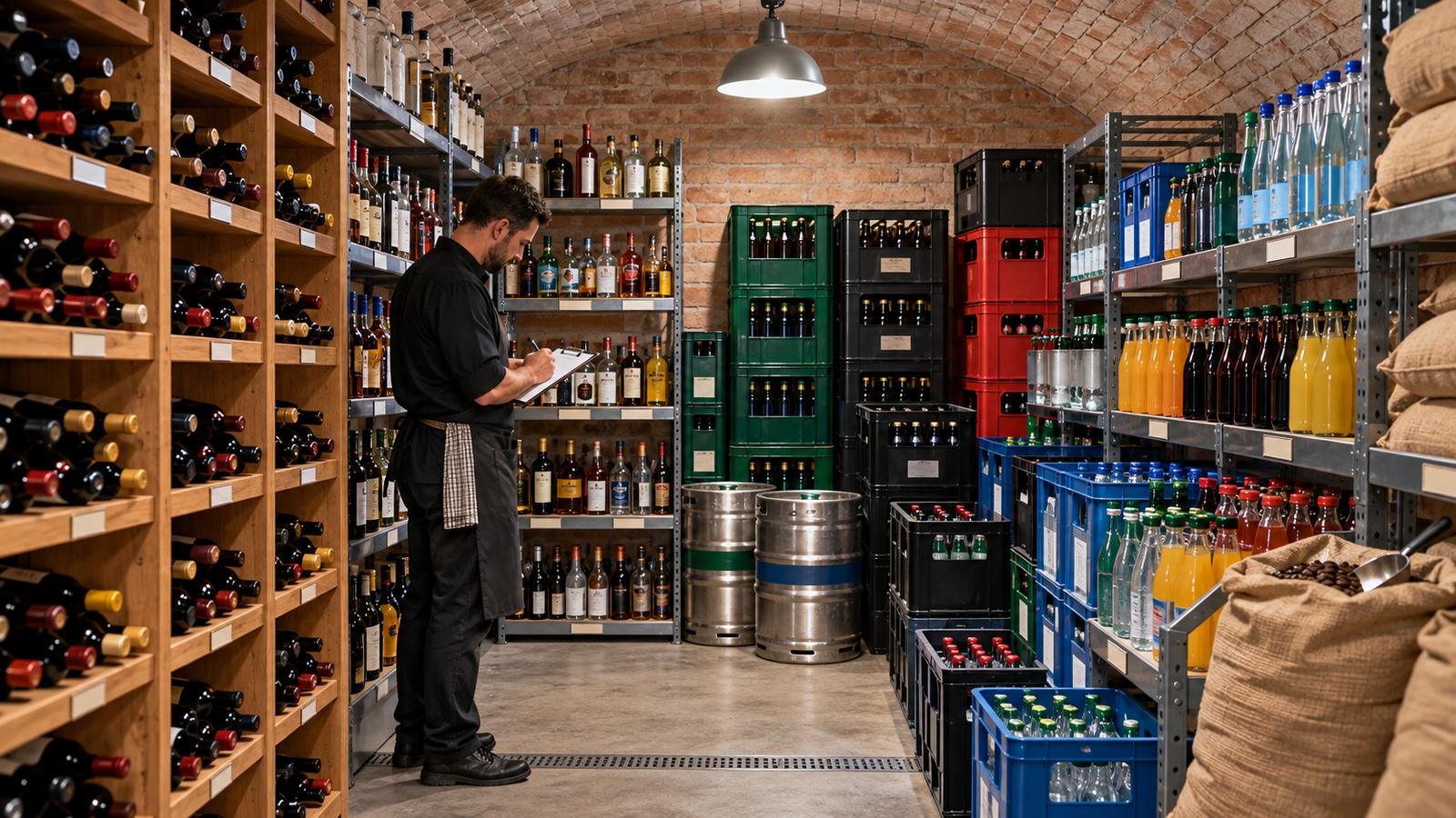 Getränkelager eines Restaurants mit sauber getrennten Regalen für Wein, Bier, Spirituosen, Mineralwasser und Säfte