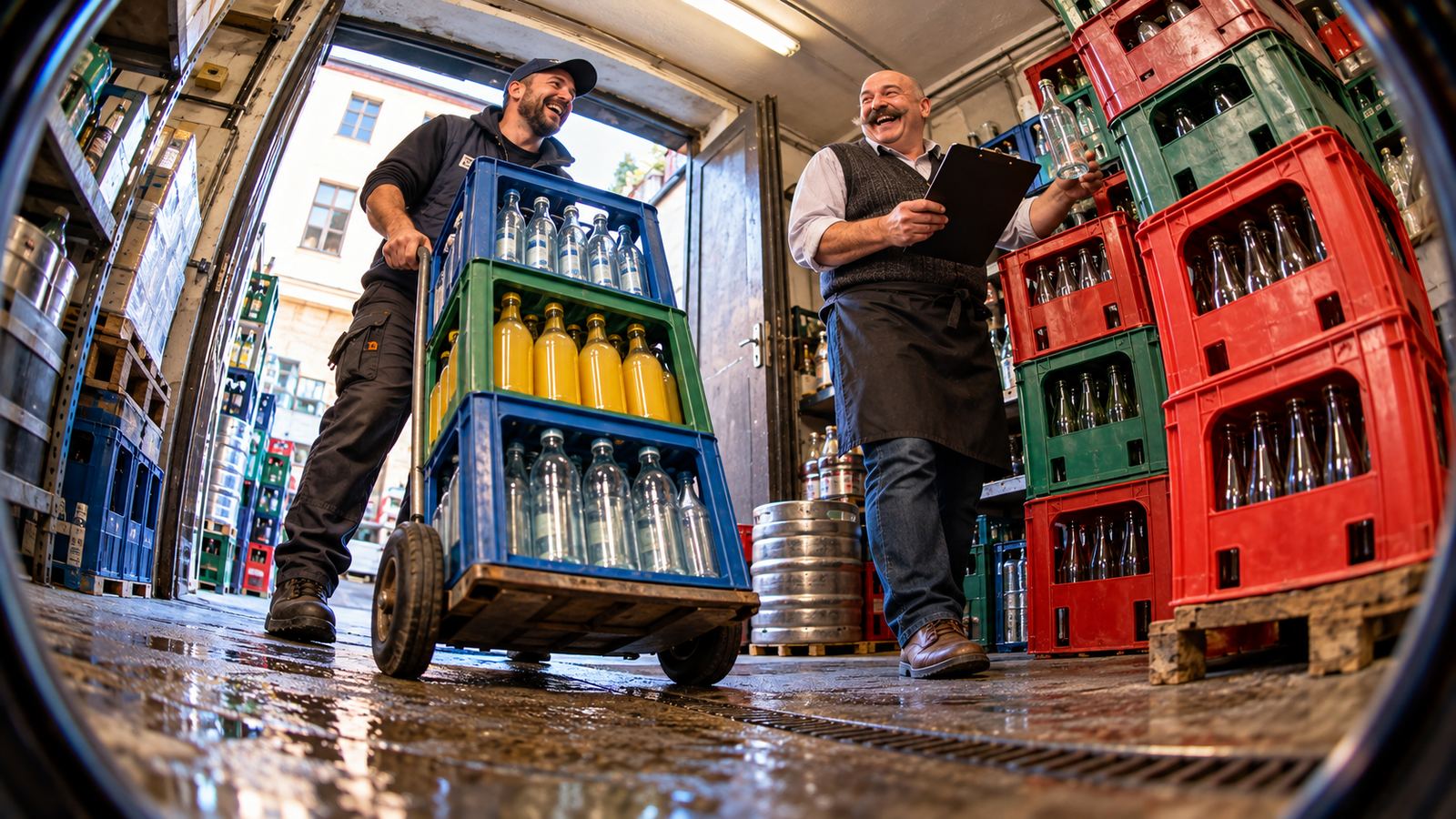 Getränkelieferant bringt Kisten mit Wasser und Saft ins Lager, der Wirt zählt mit Klemmbrett das Leergut