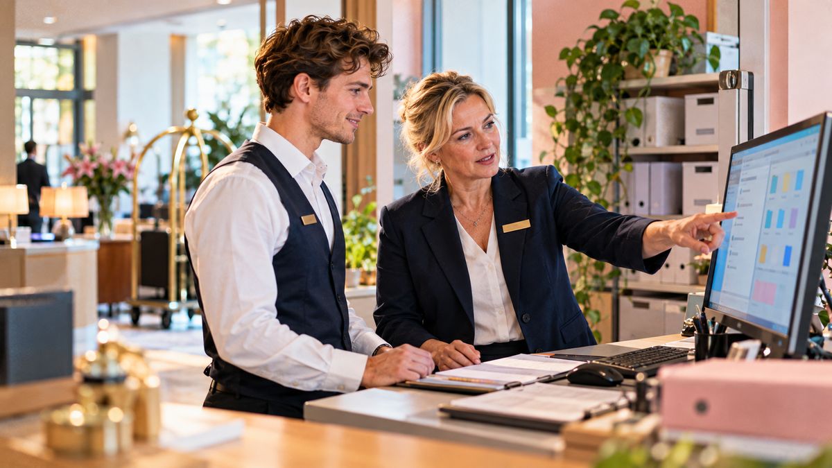 Hotelleiterin erklärt einem Mitarbeiter im Backoffice hinter der Rezeption die digitale Ablage am Monitor