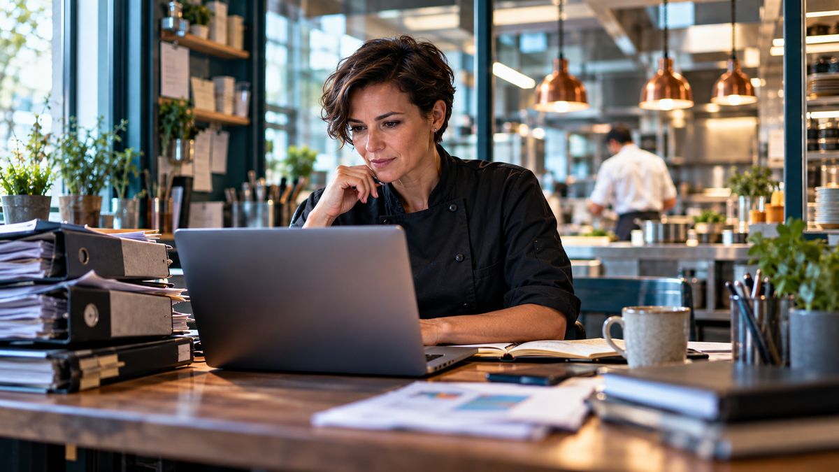 GoBD E-Mail-Archivierung in der Gastronomie: Gastronomin prüft im Büro hinter der Küche ihre E-Mails am Laptop, daneben alte Ordner