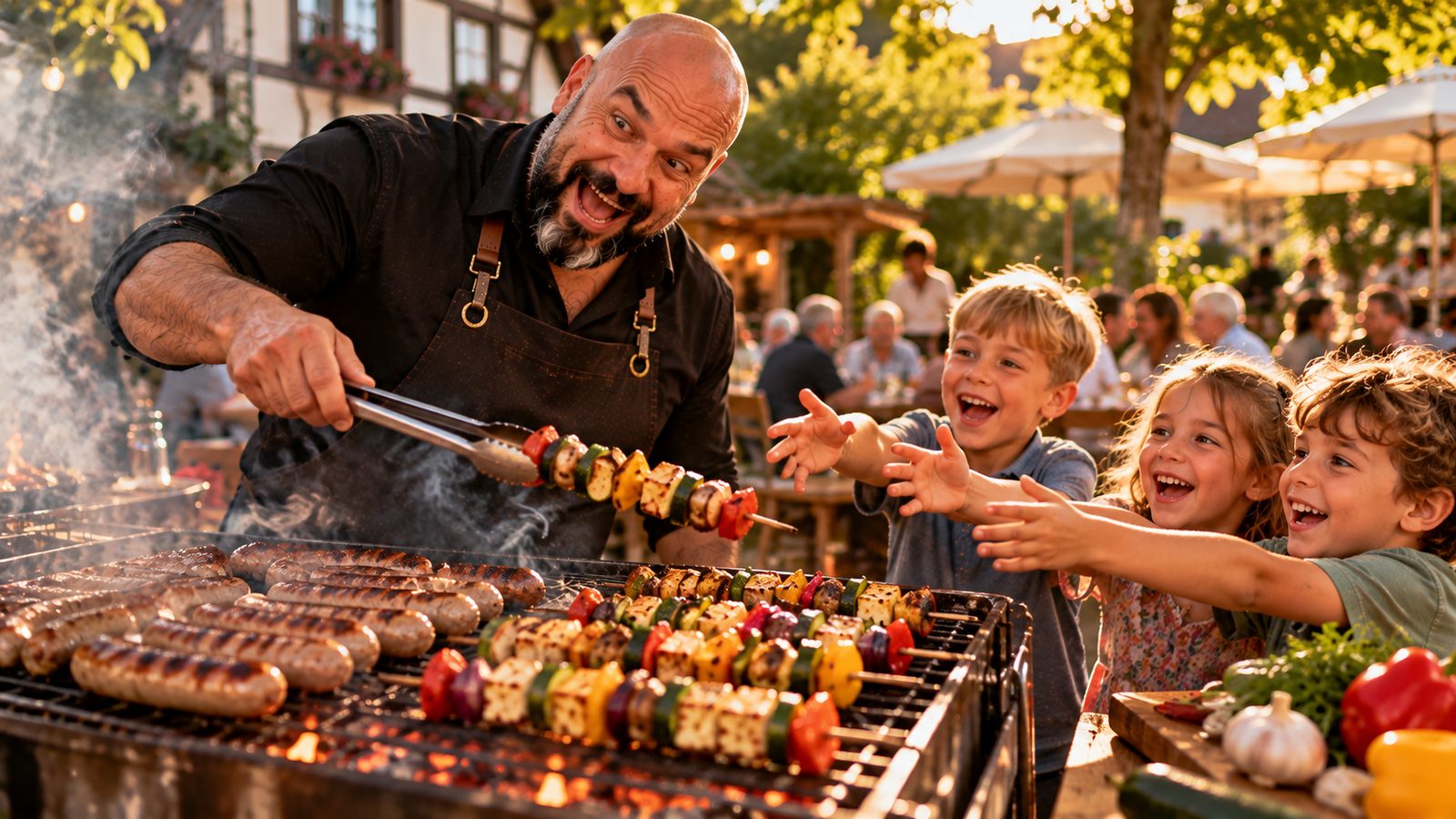 René Kaplick grillt bei einem Sommerfest Würste und Gemüsespieße, drei Kinder greifen begeistert nach den Gemüsespießen