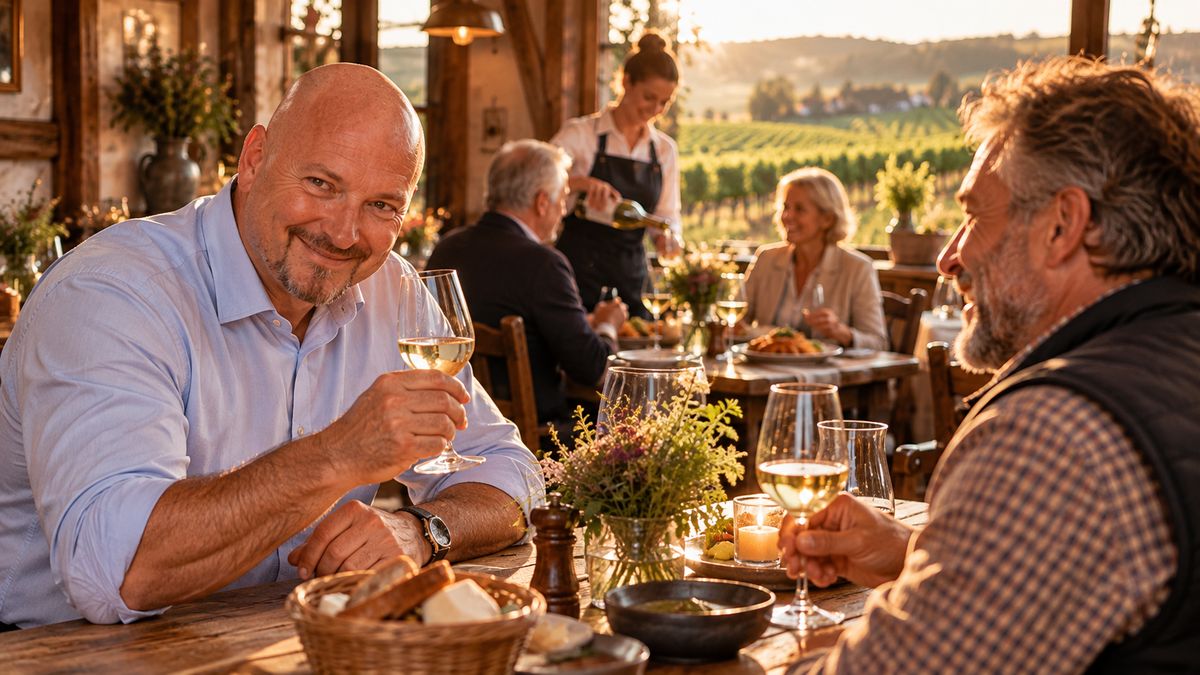 René Kaplick stößt in einem Gutsausschank mit dem Winzer an, im Hintergrund schenkt eine Servicekraft Gästen den Hauswein ein