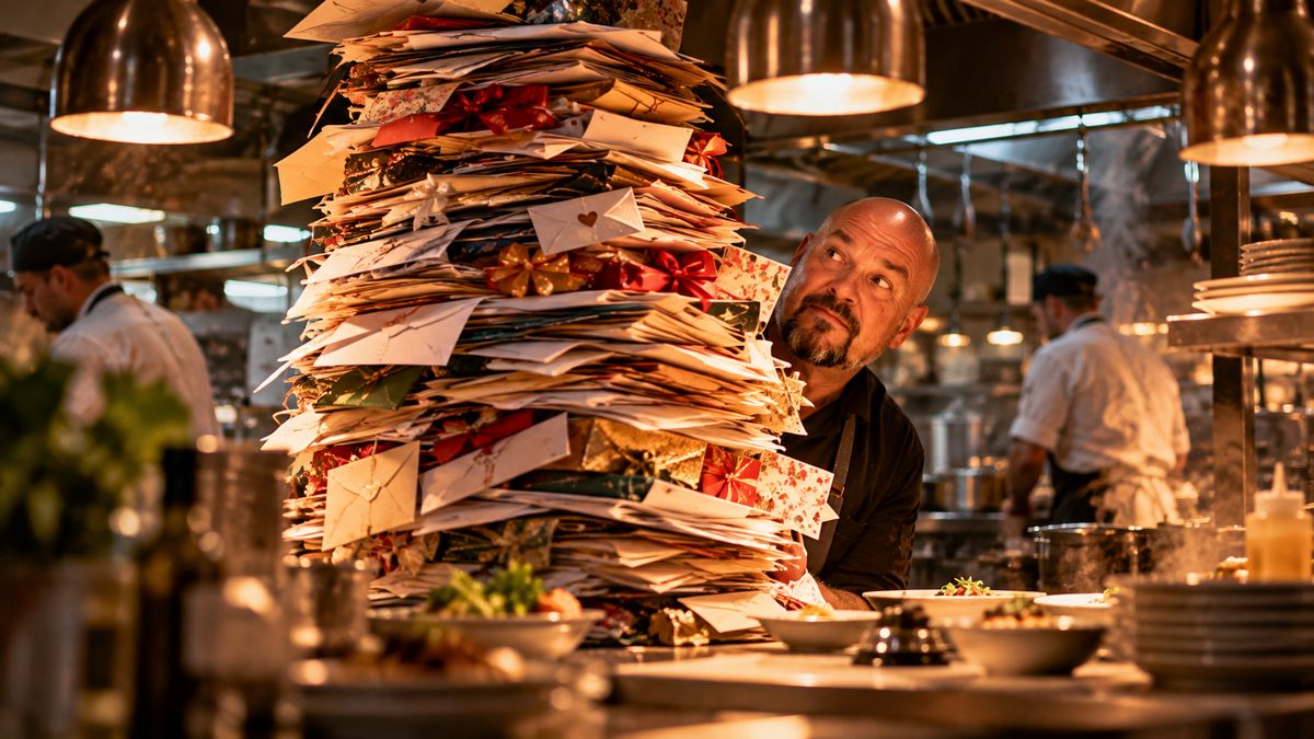 René Kaplick steht in einer Restaurantküche hinter einem meterhohen, wackelnden Stapel aus Gutscheinen und Umschlägen am Pass