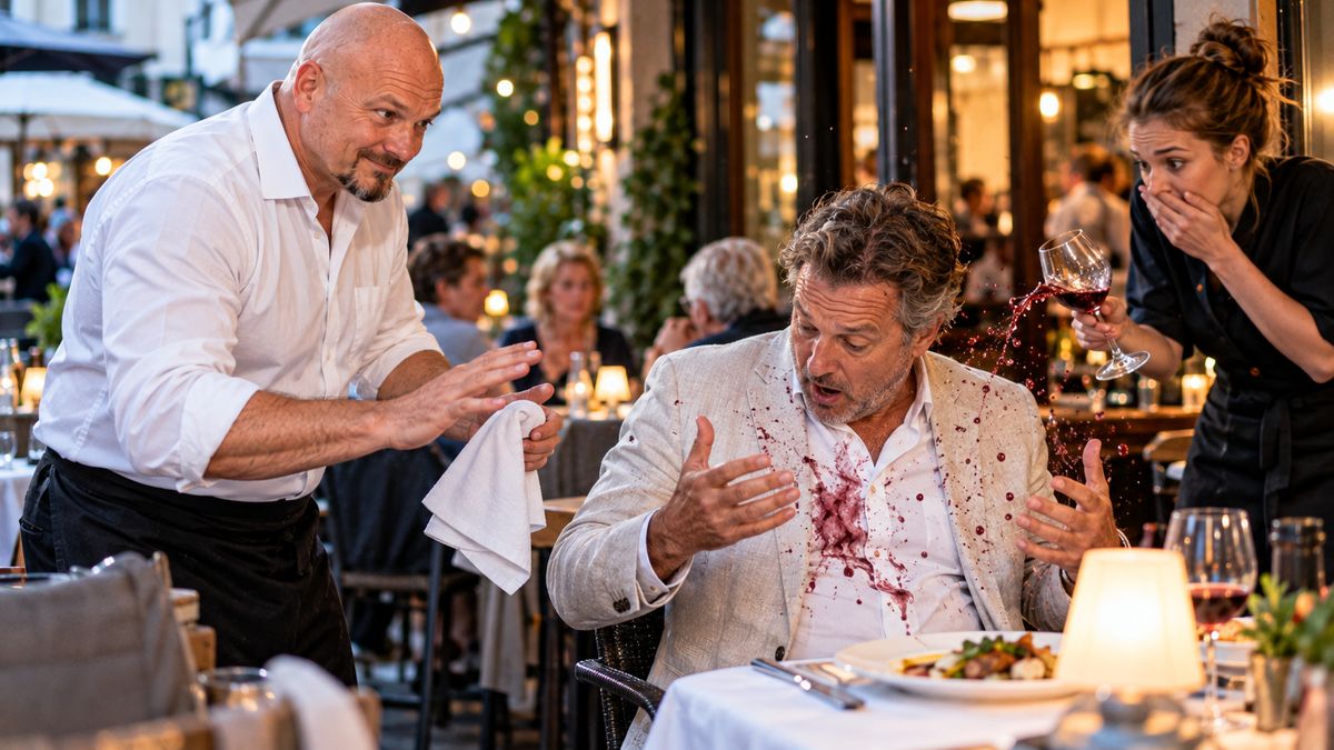 Eine Servicekraft hat einem Gast Rotwein über die helle Jacke geschüttet, René Kaplick geht mit einer Serviette beruhigend auf den Gast zu