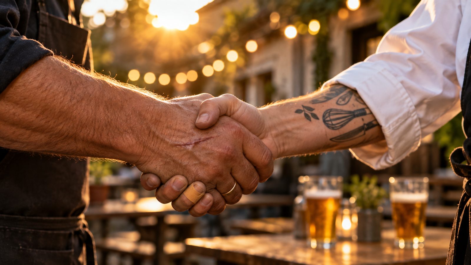 Nahaufnahme eines Handschlags zwischen einem älteren Gastronomen und einem jungen Koch mit Tattoo, im Hintergrund Biergläser und Lichterkette