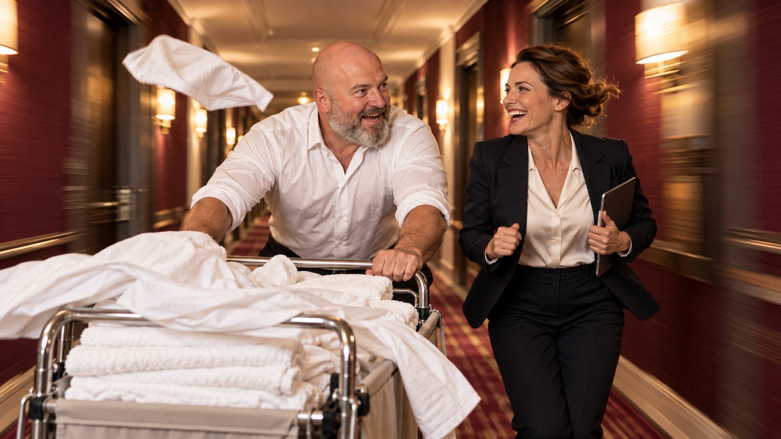 René Kaplick schiebt im Laufschritt einen Wäschewagen durch einen Hotelflur, eine Hoteldirektorin läuft lachend nebenher