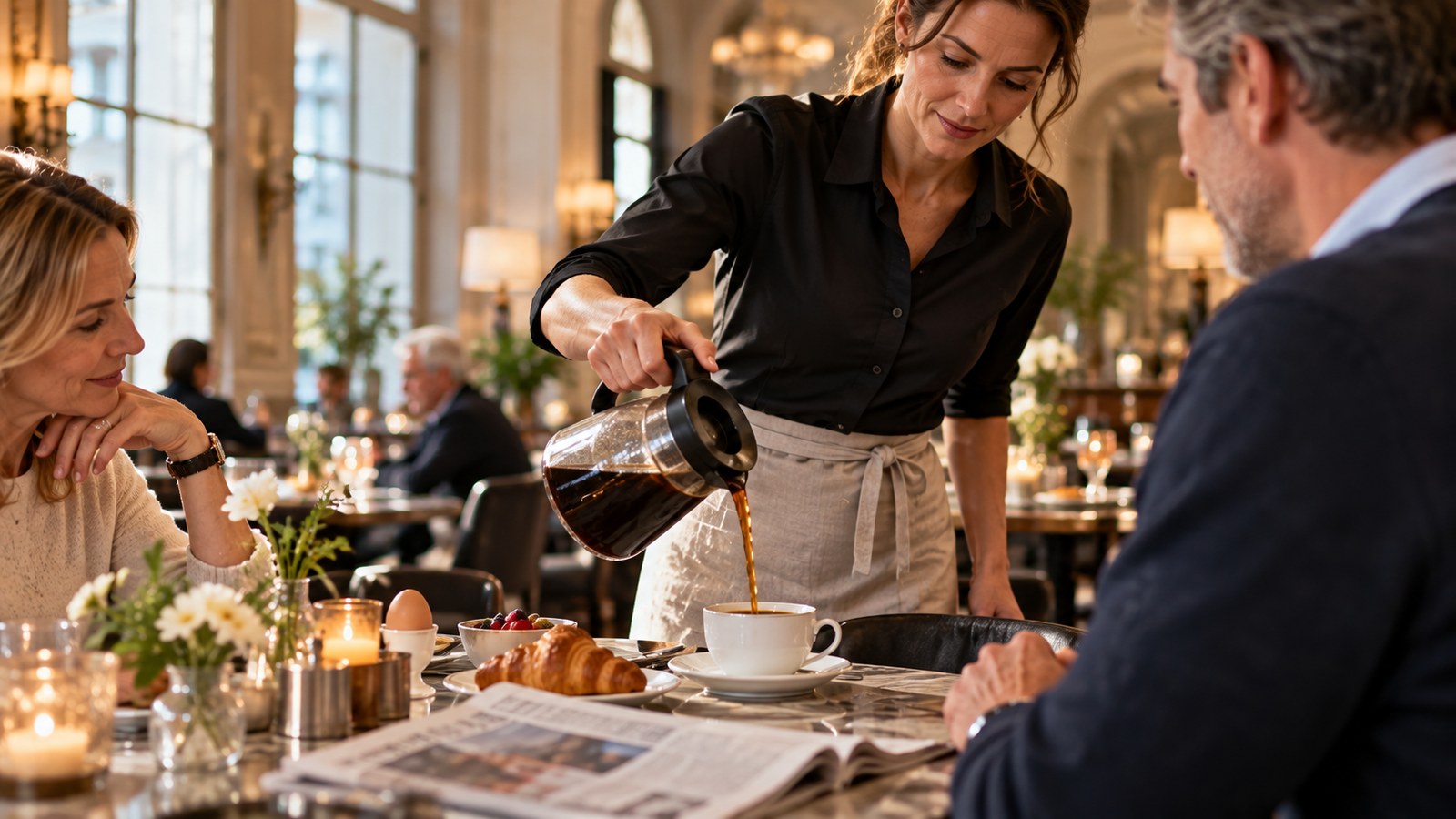 Eine Servicekraft schenkt am Frühstückstisch eines Cafés Kaffee aus einer Glaskanne ein, die Gäste lesen Zeitung