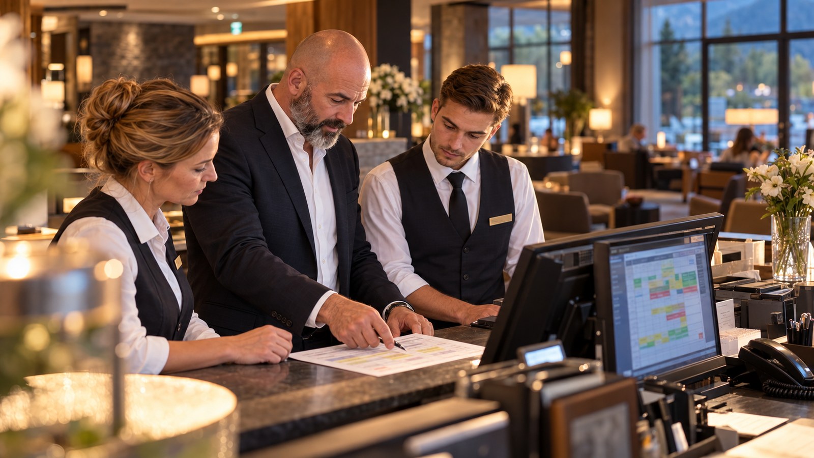 René Kaplick bespricht am Abend an der Rezeption eines Hotels mit Frühstücksleiterin und Rezeptionist die Belegung und den Dienstplan für den nächsten Morgen