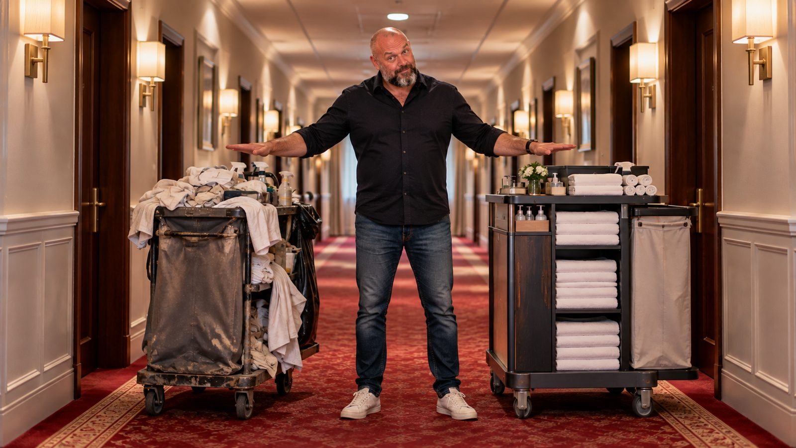 René Kaplick steht in einem Hotelflur zwischen einem abgenutzten und einem perfekt sortierten Housekeeping-Wagen und wägt mit ausgestreckten Armen ab