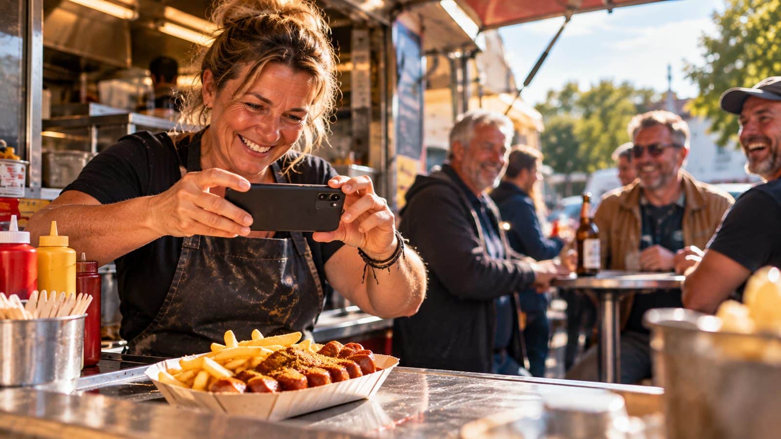Imbissbesitzerin fotografiert lachend eine Currywurst mit Pommes für Instagram, im Hintergrund lachende Stammgäste