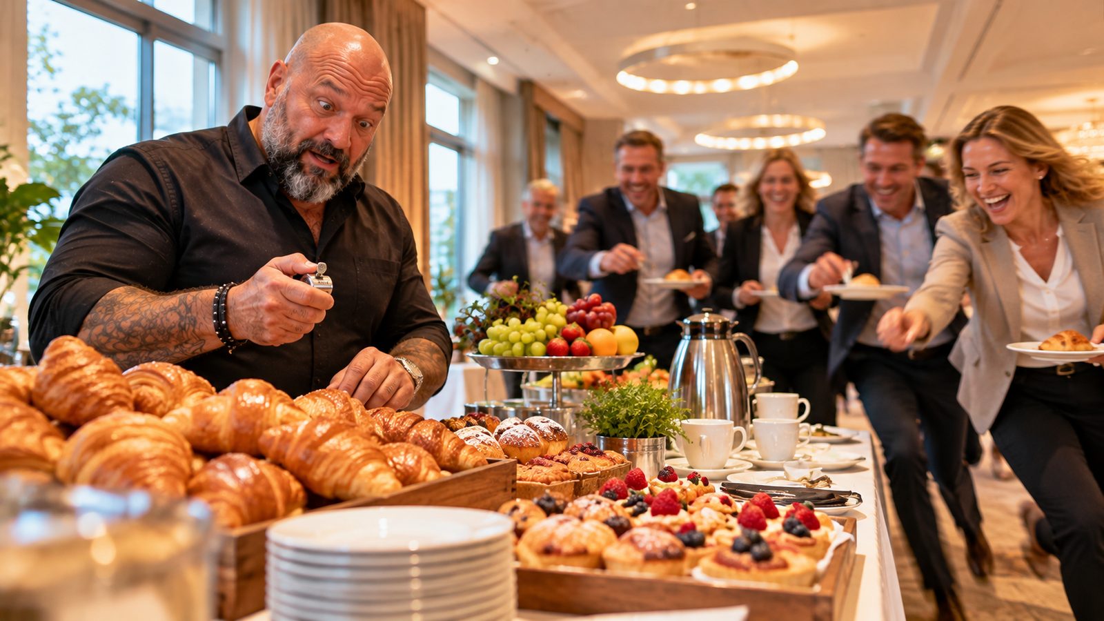 René Kaplick steht hinter einem Kaffeepausen-Buffet und zählt mit einem Handzähler die Croissants, während Tagungsteilnehmer lachend heranstürmen