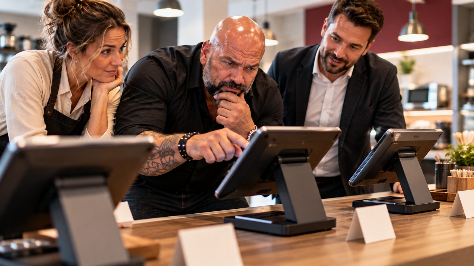 René Kaplick prüft mit einem Finger und kritischem Blick ein Tablet-Kassensystem in einem Showroom, eine Wirtin und ein Verkäufer schauen zu
