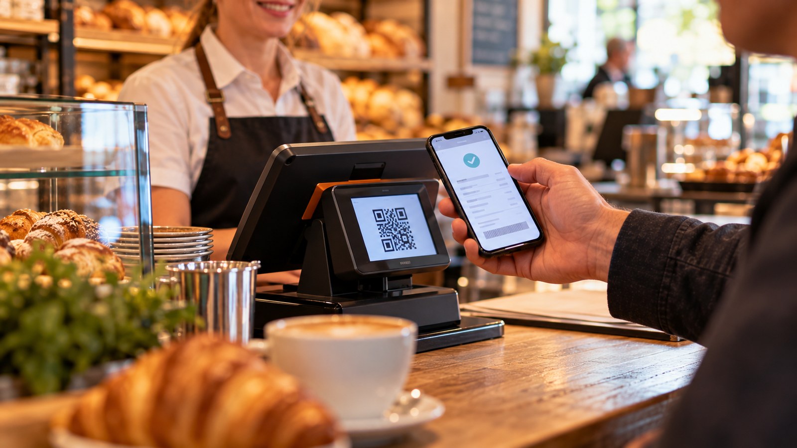 Gast scannt an der Theke eines Bäckerei-Cafés mit dem Smartphone einen QR-Code am Kundendisplay und erhält einen digitalen Kassenbeleg