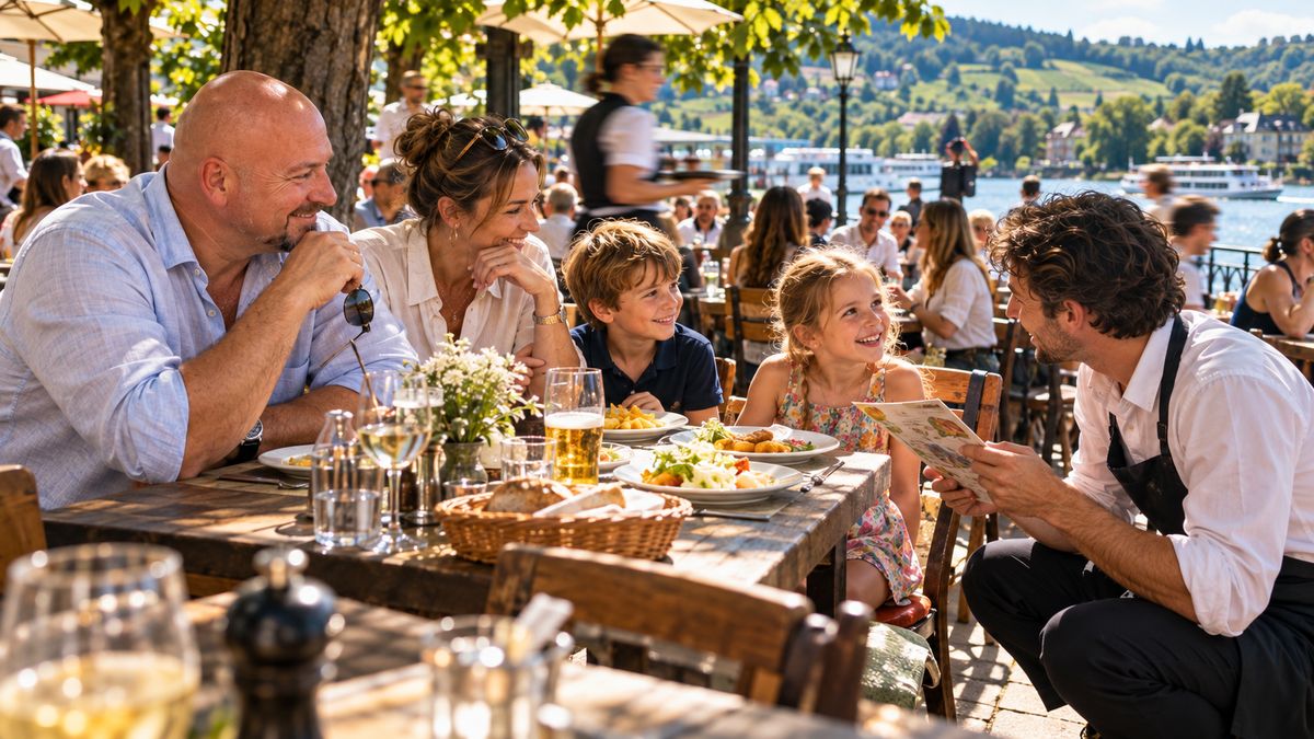 Ein Kellner geht auf einer Seeterrasse in die Hocke und erklärt einem Mädchen die Kinderkarte, René Kaplick sitzt mit der Familie am Tisch und schaut zu
