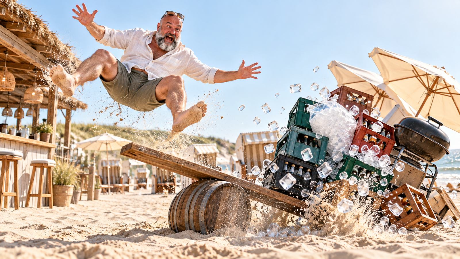 René Kaplick wird an einer Strandbar von einer Wippe in die Luft katapultiert, auf der anderen Seite stapeln sich Getränkekisten und ein Grill