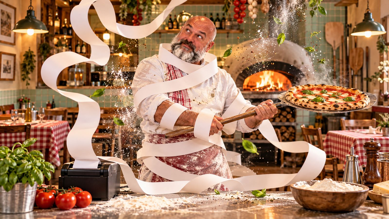 René Kaplick steht in einer Pizzeria, eingewickelt in einen meterlangen leeren Kassenstreifen, und hält eine Pizzaschaufel hoch
