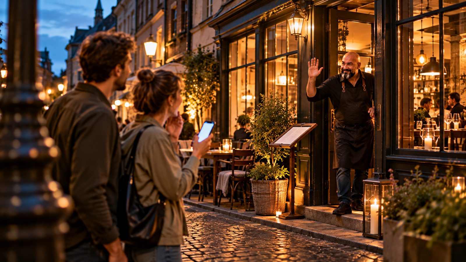 Ein Paar mit Smartphone auf einer abendlichen Altstadtstraße schaut überrascht zu einem Restaurant, in dessen Tür René Kaplick winkt